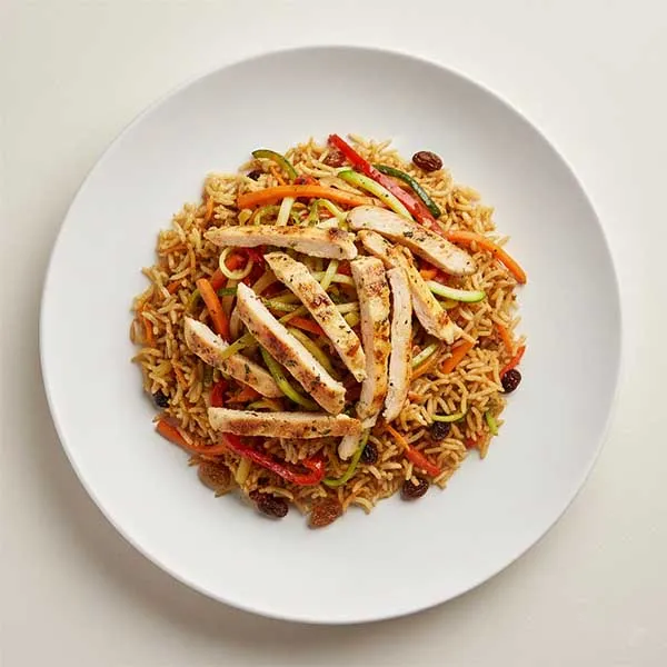 Lemon Roasted Chicken with Julienne Vegetables, Kabli Rice & Harissa Sauce